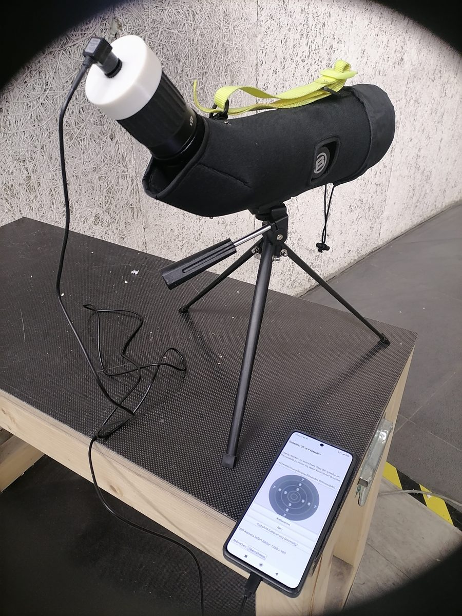 USB camera on the spotting scope, connected to the smartphone by cable