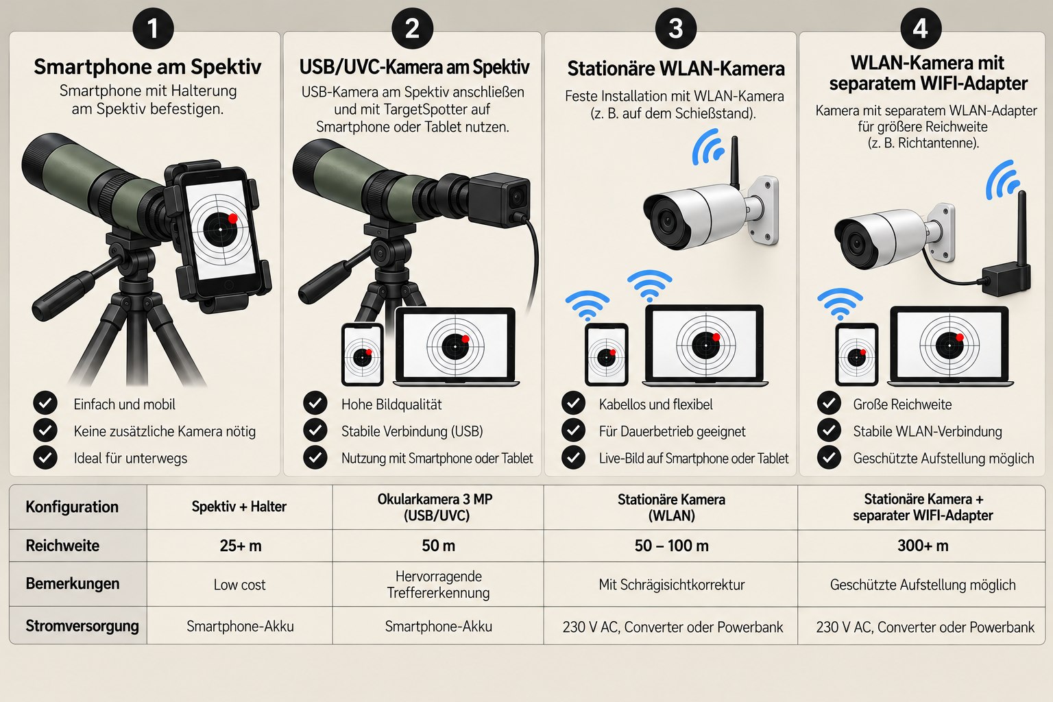 Vergleich von vier Aufbauten: Smartphone am Spektiv, USB/UVC-Kamera am Spektiv, stationäre WLAN-Kamera und WLAN-Kamera mit separatem Adapter, mit Tabelle zu Reichweite und Stromversorgung