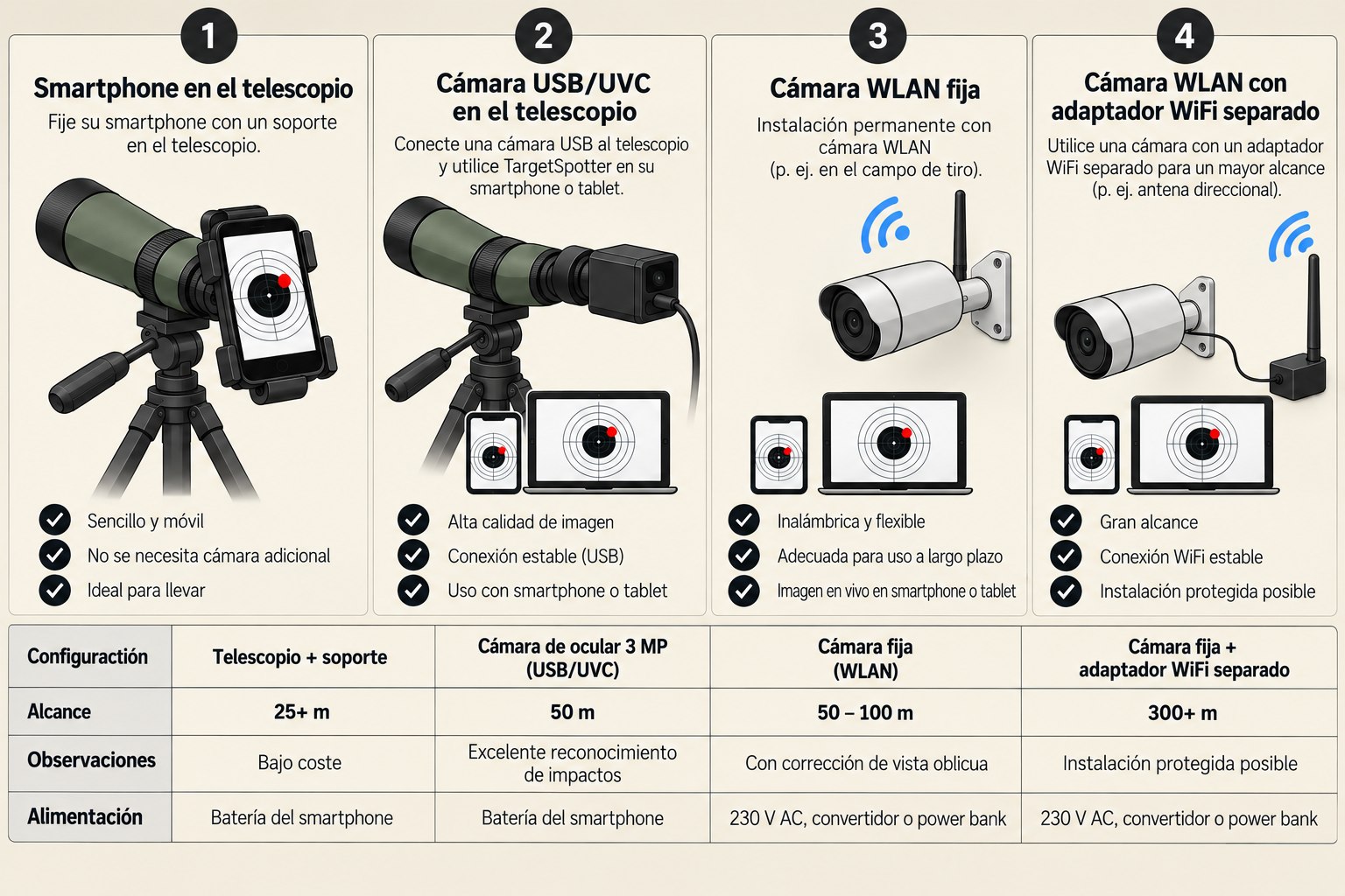 Comparación de cuatro montajes: smartphone en el telescopio, cámara USB/UVC en el telescopio, cámara wifi fija y cámara wifi con adaptador independiente, con una tabla de alcance y alimentación
