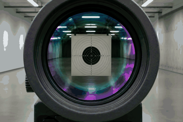 Shooting target seen through a spotting scope on the range
